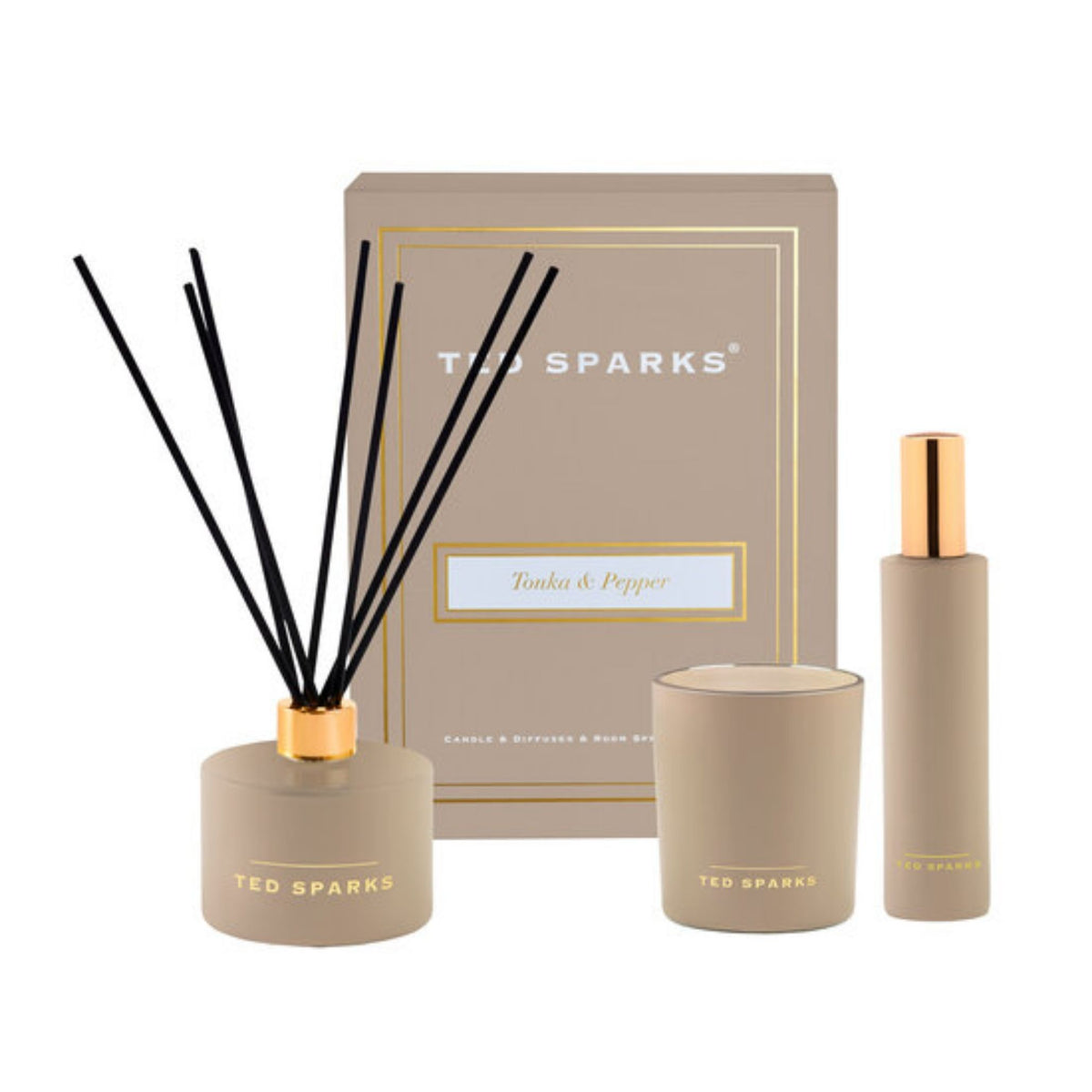 Ted Sparks Giftset Large – Geurkaars, Diffuser & Room Spray – Tonka & Pepper
