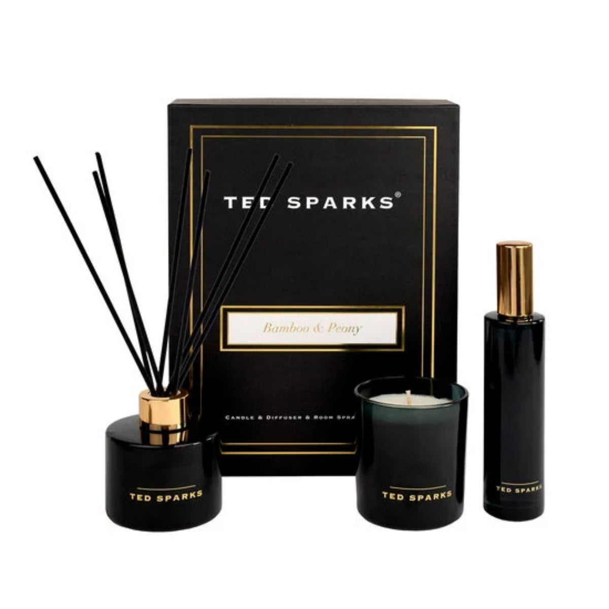 Ted Sparks Giftset Large – Geurkaars, Diffuser & Room Spray – Bamboo & Peony