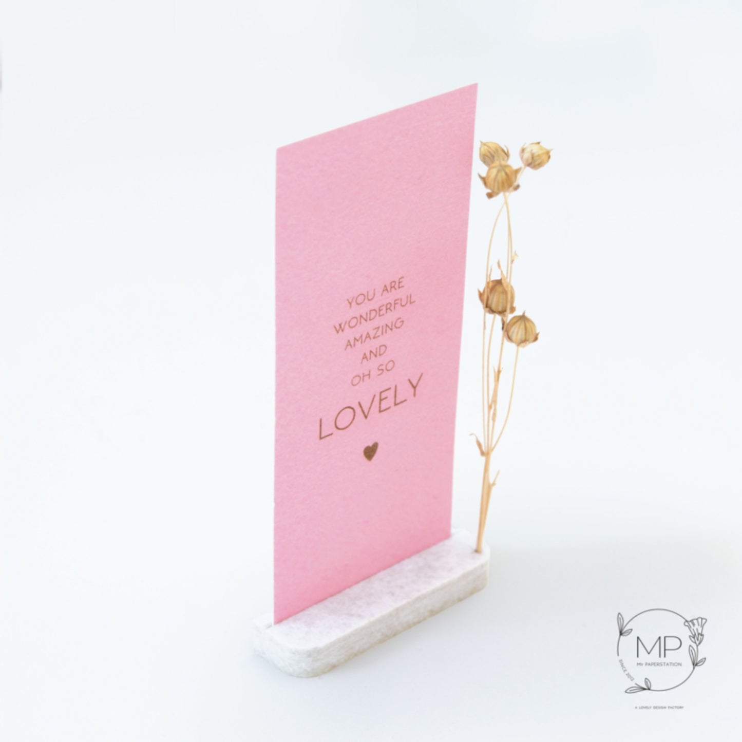 Droogbloemen kaart ‘Lovely’ met houder