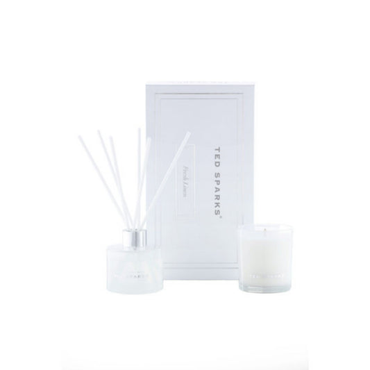 Ted Sparks Giftset Medium – Geurkaars & Diffuser – Fresh Linen