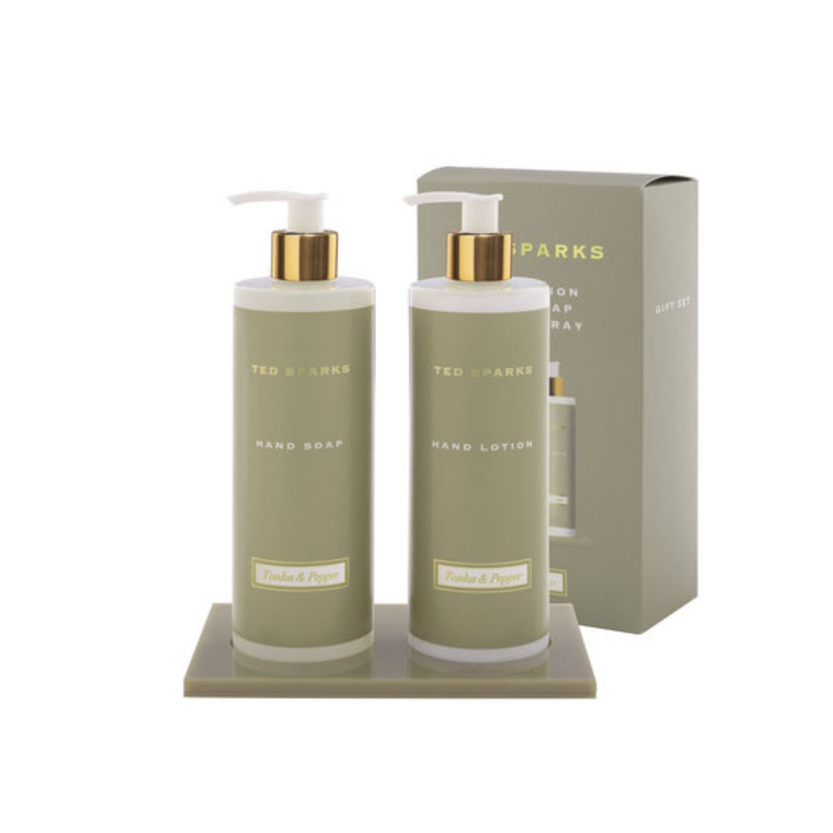 Ted Sparks Hand Gift Set – Hand Soap, Hand Lotion & Tray – Tonka & Pepper